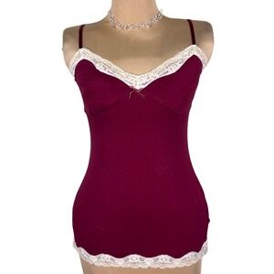 Vtg Y2K Energie Cami Top Small Burgundy Contrast Lace Trim Sequin Coquette Vamp